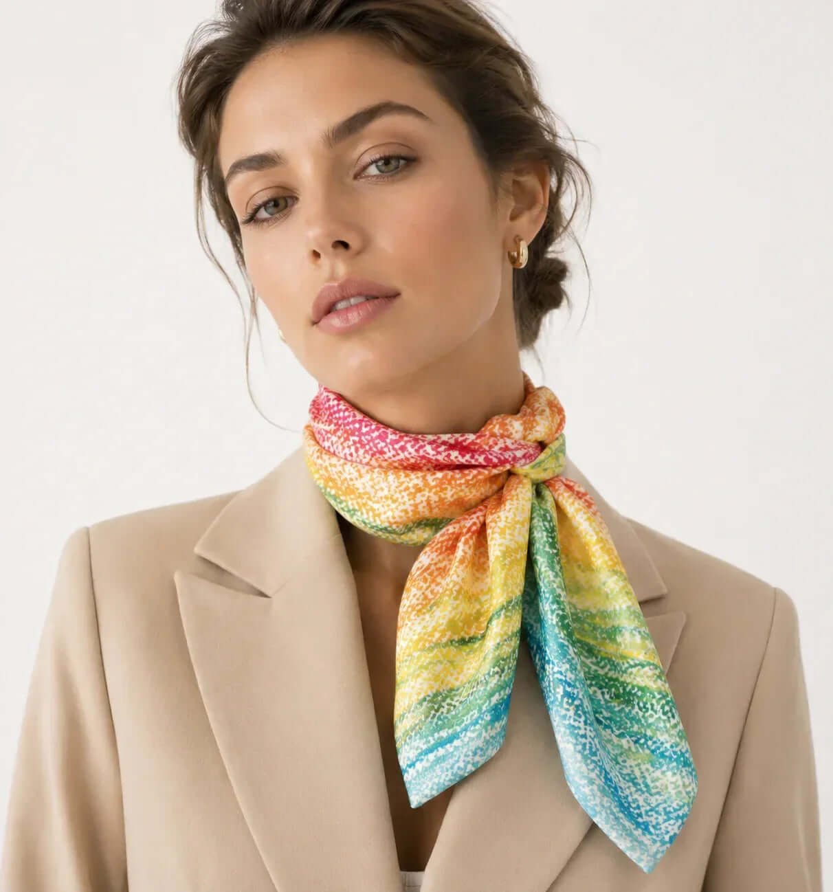 Rainbow gradient silk scarf close-up pattern