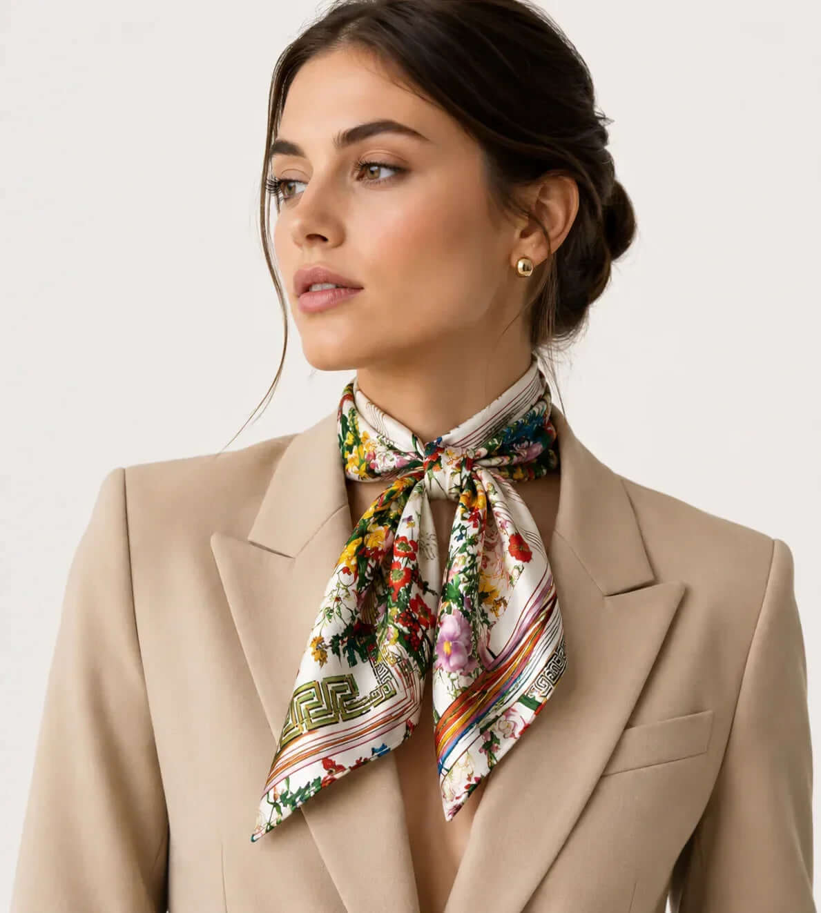 Luxury botanical bouquet silk scarf folded display